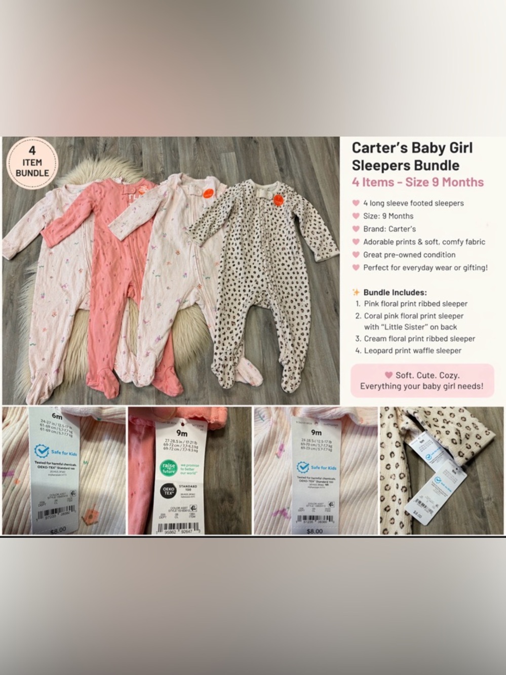 Carter’s Baby Girl Sleeper Bundle 4PC Size 6M‎ 9M NWT Floral Ribbed Cotton
